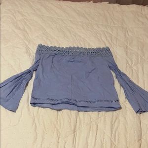 baby blue off the shoulder bell sleeve top